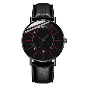 Close-up of Geneva men's black quartz watch with red hour markers and a date window