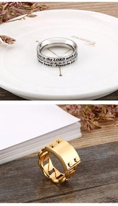 Detail of titanium steel rings with bible verses, chain border and zircon inlays