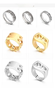 Detailed comparison of titanium steel rings featuring industrial screws and laser engravings