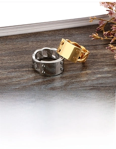 Detail of industrial chain rings in gold and silver with studded rectangular plates