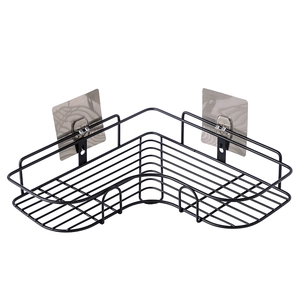 L-shaped black metal corner shower caddy with adhesive hooks for bathroom storage