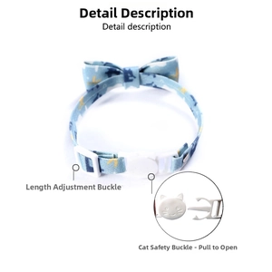 Adjustable light blue daisy pet collar with safety breakaway buckle and bow tie detail
