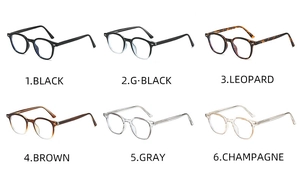 Sechs Farben von Vintage-Rundrahmen aus TR, darunter Schwarz, Leopard und Champagner