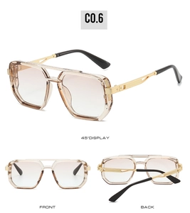 Detailed views showing tea-colored frames and gold metal temples of oversized sunglasses