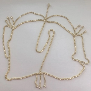 Detailed view of golden rhinestone body chain featuring a mesh design and tassel accents