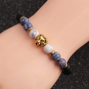 Men's 8mm lion head beaded bracelet with imperial jasper and matte black stone beads