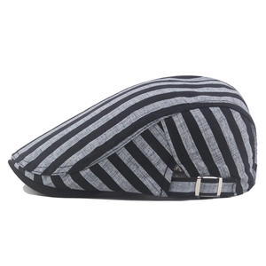 Classic British striped flat cap in black and grey with adjustable metal side buckles