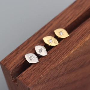 Minimalist S925 sterling silver evil eye stud earrings with sparkling starburst zircon