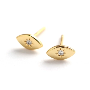Minimalist S925 sterling silver evil eye stud earrings with sparkling clear zircon stones