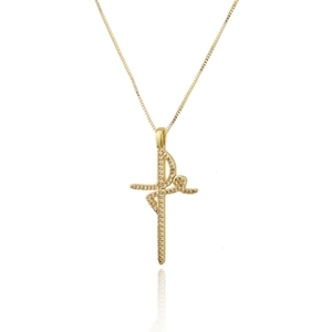 Elegant gold plated cross necklace with ballerina pendant and shiny crystals on box chain