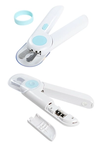 Vue détaillée du coupe-ongles pour animaux avec LED montrant le compartiment des piles