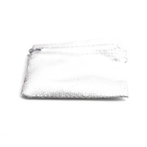 Glossy silver metallic drawstring pouch for jewelry and gifts on white background