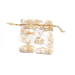 White organza drawstring gift bag with gold floral pattern for jewelry packaging