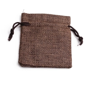 Brown burlap drawstring pouch with natural linen texture on a clean white background