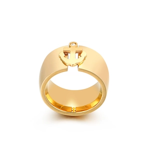 Modern gold-plated anchor ring with a single diamond accent and brushed steel finish