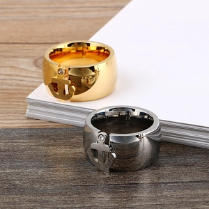 Polished stainless steel wide band ring with anchor design and white zircon inlay