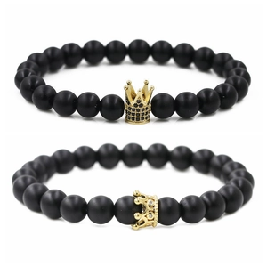 Heißer Verkauf Matt Schwarz Stein Mikro Eingefasste Zirkon Krone Paar Armband Kupferperlen Armband