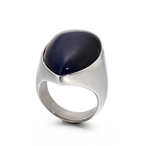Retro stainless steel ring with blue waterdrop faux cat eye stone on white background