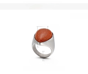 Macro view of stainless steel ring with 26mm teardrop goldstone and size parameters