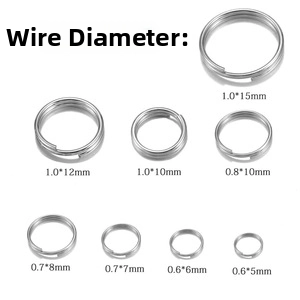 Size chart for silver metal split rings showing wire and outer diameter dimensions
