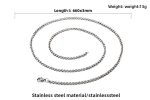 Detail of 3mm silver stainless steel rolo chain with lobster clasp and 660mm length