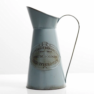 Rustic blue-grey vintage metal pitcher vase with antique French print decoration