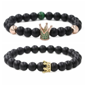 Matte black stone beaded crown bracelets with micro-pave cubic zirconia accents