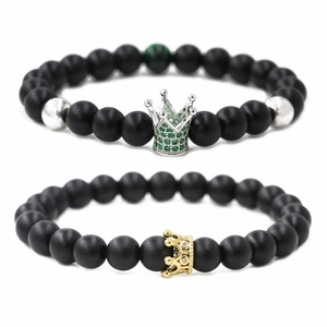 Matte black stone crown bracelets with micro-inlaid zircon for couples, set of two