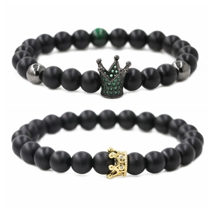 Matte black stone beaded crown bracelets with micro zircon inlays for couples