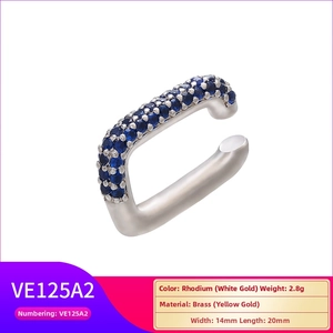 Detail view of Rhodium plated brass ear cuff with pave-set blue cubic zirconia stones