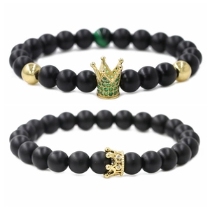 Matte Black Stone Crown Beaded Bracelet Micro Pave Zircon Copper Beads Elastic Wristband Fashion Accessory Couple Jewelry