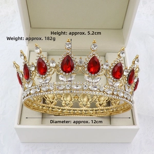 Detail view of Baroque bridal crown with red water-drop stones and size measurements