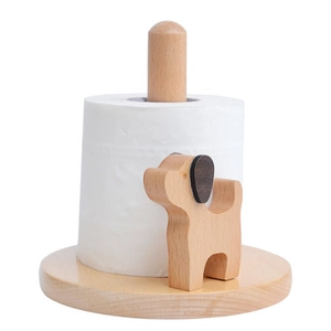 Detail of dog-shaped beech wood paper towel holder showing natural grain and textures