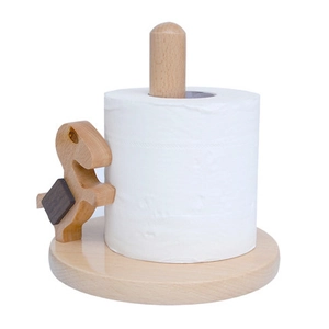 Close-up of wooden dinosaur paper towel holder with natural beechwood base and rod