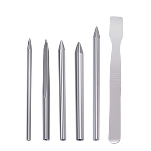 Close-up of 6-piece stainless steel paracord needles and flattening tool for DIY weaving