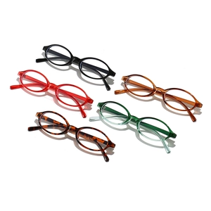 Five assorted retro oval anti-blue light glasses in black, red, and tortoise shell frames