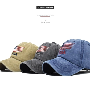 Detailed display of washed cotton baseball caps with USA flag embroidery in three colors