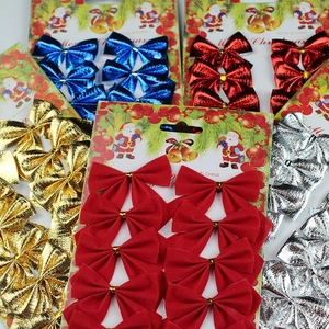 Set of 5.5cm flocked Christmas bows in red gold silver and blue for tree decoration