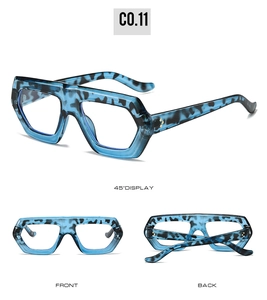 Detail view of stylish blue leopard print irregular chunky frame glasses with metal rivets