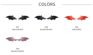 Bat-shaped sunglasses collection showing four colors including gold, black, red, and purple