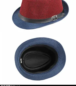 Detail view of contrast fedora hat with metal buckle band and internal structure