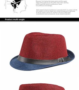 Detailed size guide for bicolor fedora hat showing head circumference measurement steps