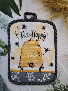 Thick cotton pot holder with bee motif, rustic honeycomb pattern and checkered hanging loop