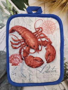 Thick cotton lobster print heat-resistant kitchen pad with a blue hanging loop detail