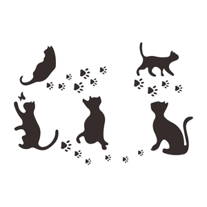 Dark brown cat silhouettes and paw print wall decals for bedroom and home decoration