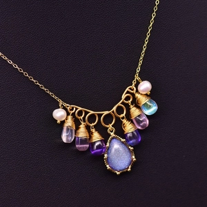 Natural freshwater pearl and blue teardrop crystal 925 silver necklace on leather