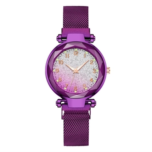 Women's purple starry sky quartz watch with magnetic mesh band and luminous dial
