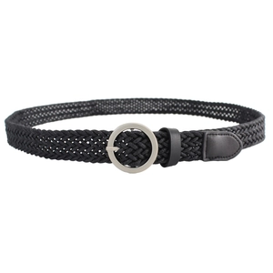 Women's black woven belt with silver round buckle minimalist retro style on white background