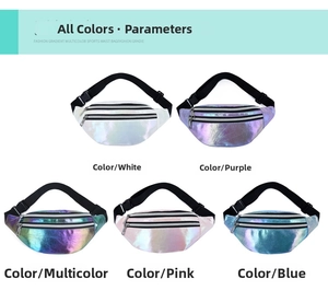 Detailed view of iridescent laser chest bags in five colors with adjustable nylon straps