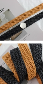 Close-up of flexible woven waist belts in black and camel showing material texture